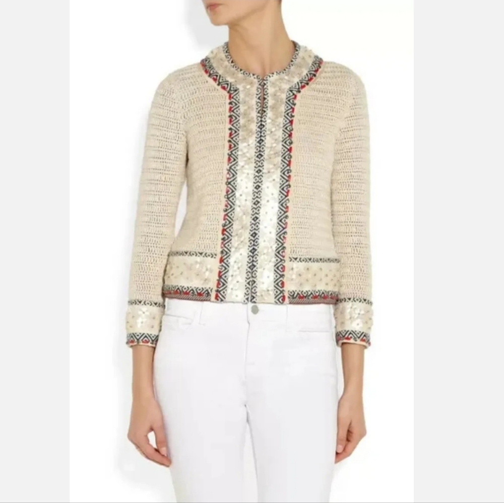 TORY BURCH Donovan Embellish Crochet Linen Jacket Sweater Cardigan. Medium. EUC